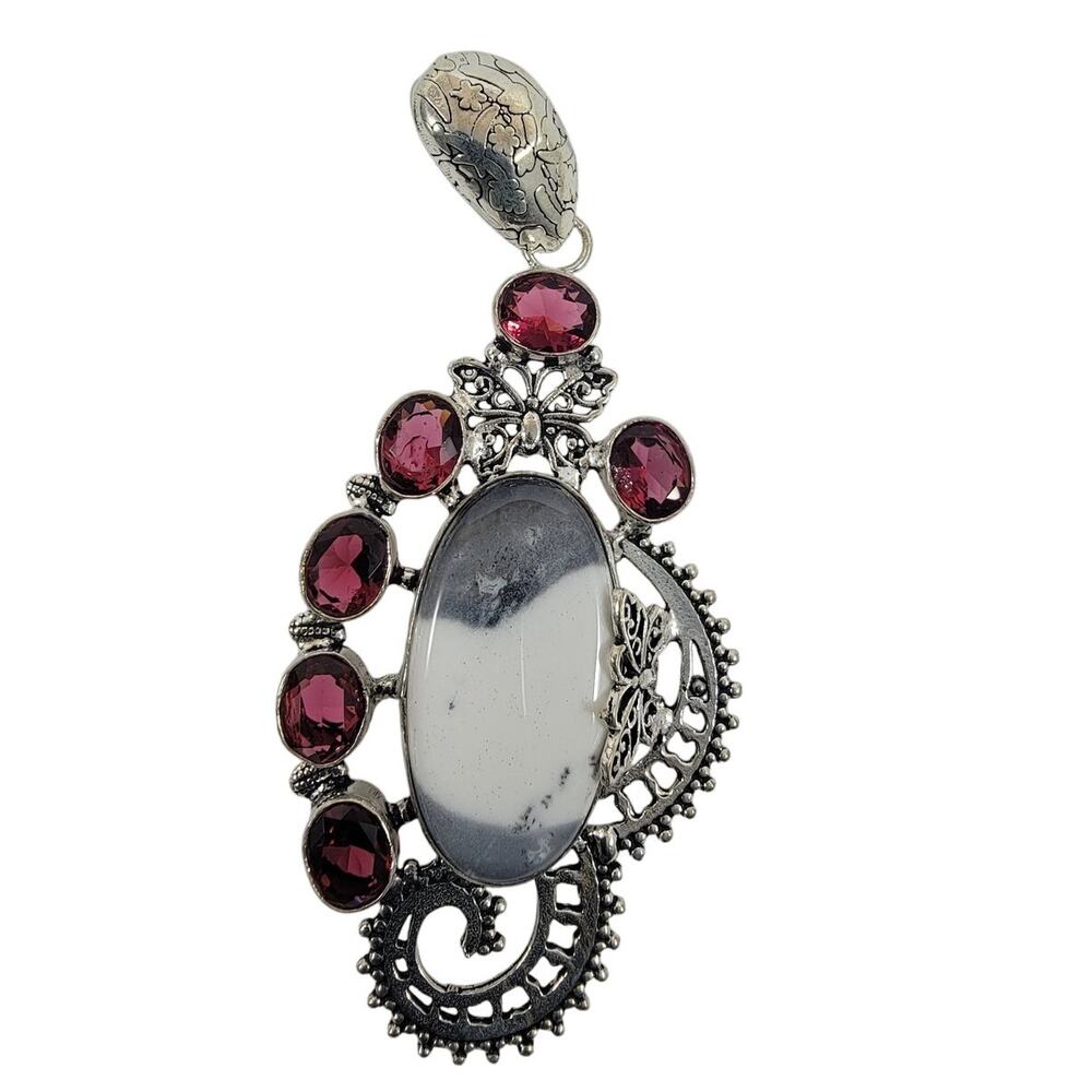 Handmade Silver Pendant with Dendritic Opal and Garnet Accents